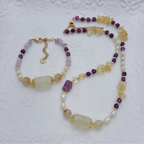 Rosee Jewelry - 26X46 Handmade Freshwater Pearl Citrine Amethyst Necklace Bracelet Set